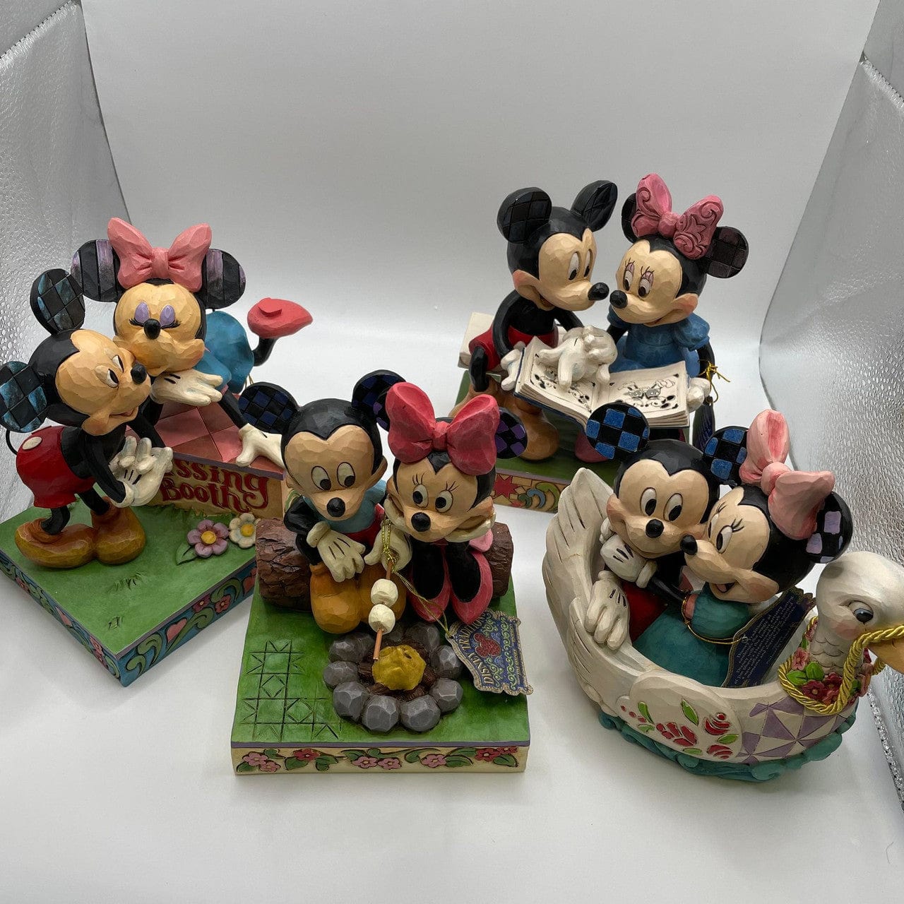Disney Traditions Valentines Mickey and Minnie 4 Pack Bundle Figurines - Kissing Booth, Campfire, Sharing Memories and Lovebirds