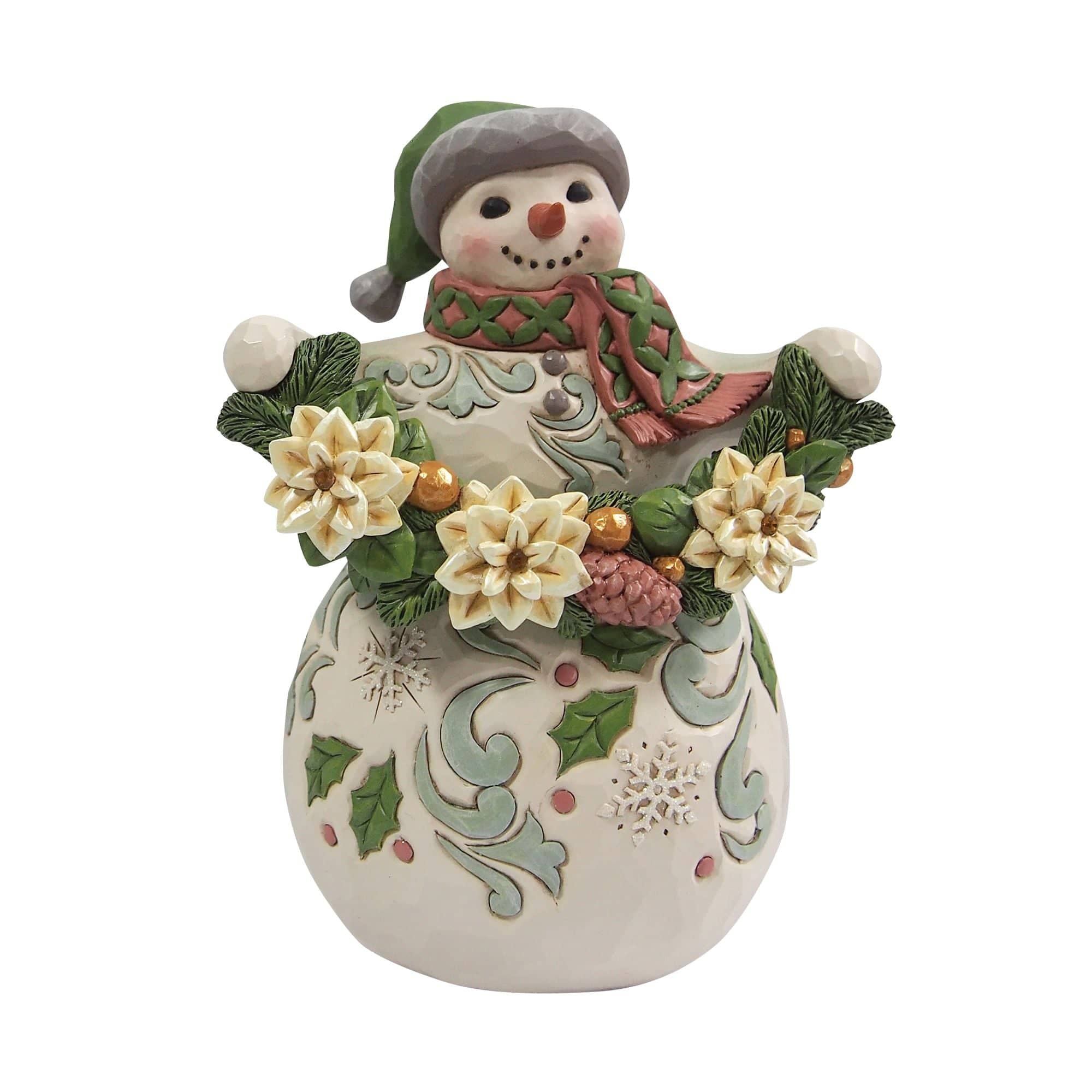Heartwood Creek Opal and Moss Snowman with Poinsettia Garland Figurine By Jim Shore